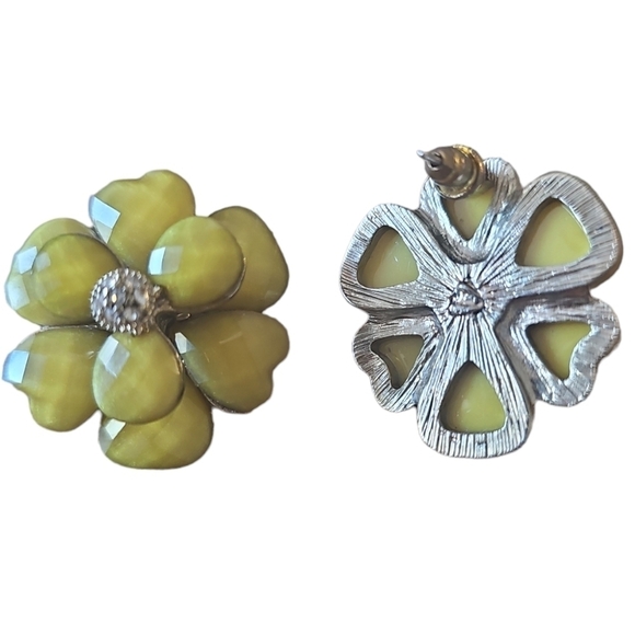 Vintage Gold Tone, Clear Rhinestones and Yellow Glass Flower Earrings - Picture 2 of 3